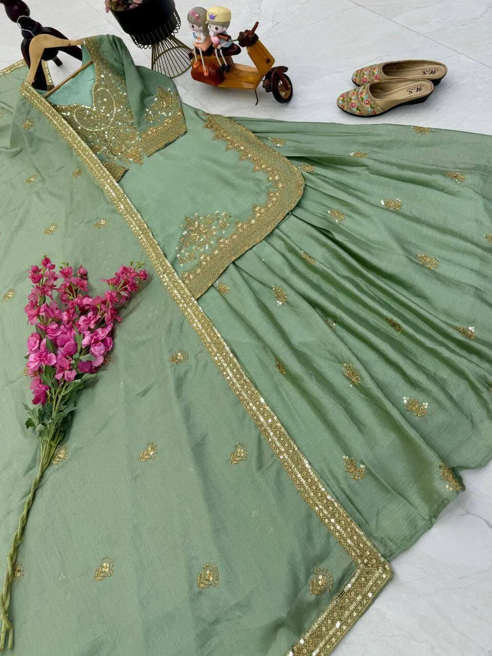 Designer Red Chinon Silk Lehenga Set with Heavy Embroidery & Sequins Work | Fully Stitched with Dupatta
