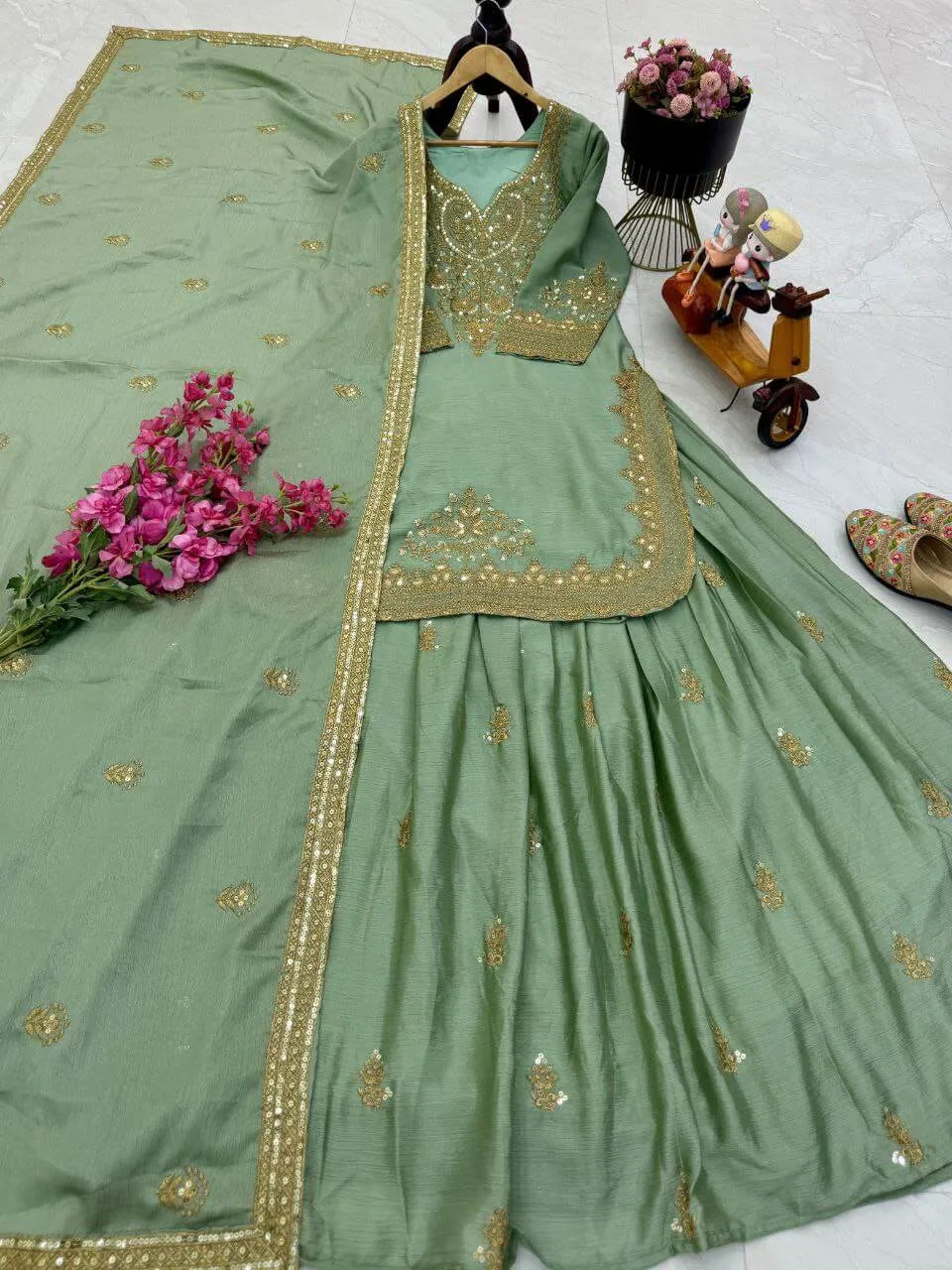 Designer Red Chinon Silk Lehenga Set with Heavy Embroidery & Sequins Work | Fully Stitched with Dupatta