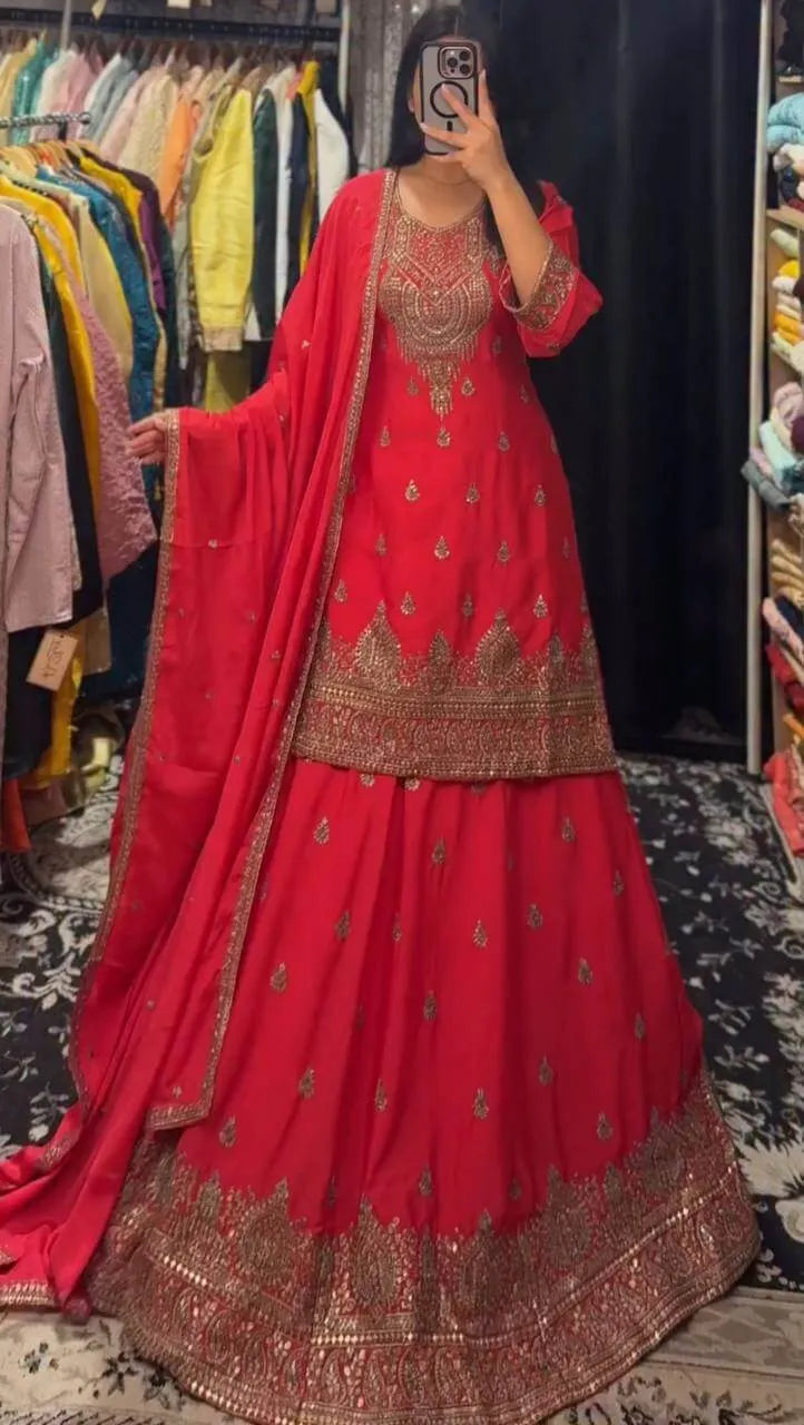 Designer Red Chinon Silk Lehenga Set with Heavy Embroidery & Sequins Work | Fully Stitched with Dupatta