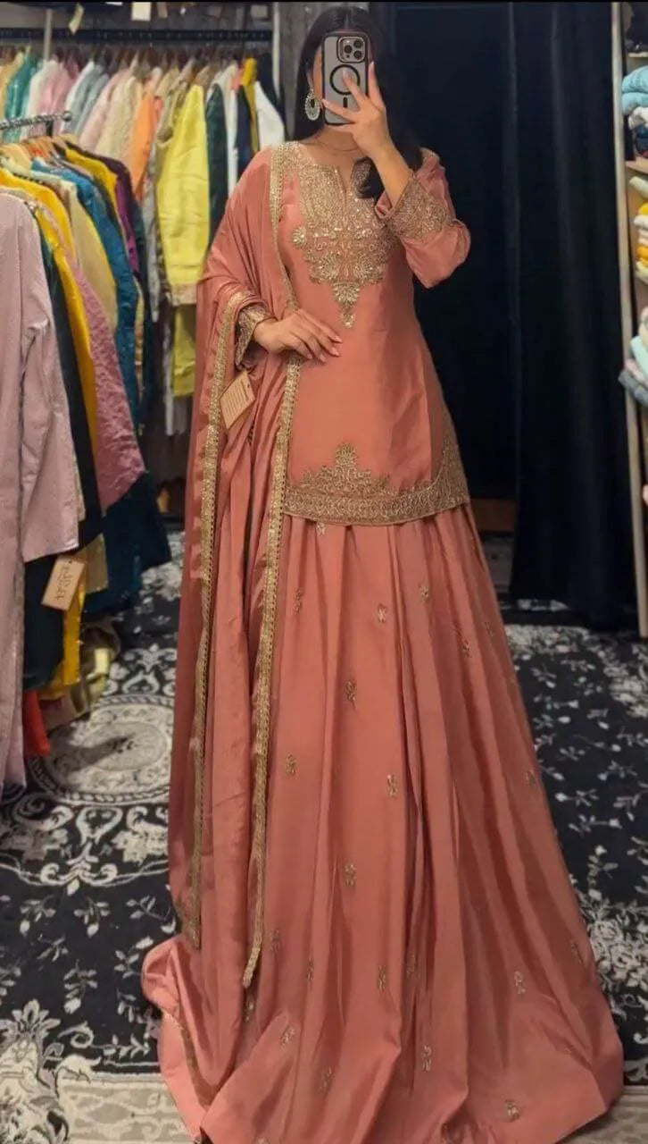 Designer Red Chinon Silk Lehenga Set with Heavy Embroidery & Sequins Work | Fully Stitched with Dupatta