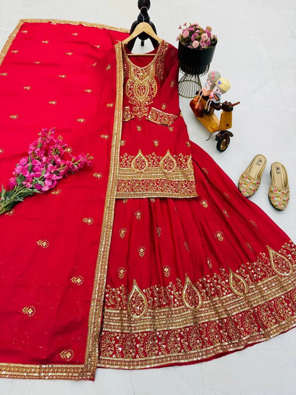 Designer Red Chinon Silk Lehenga Set with Heavy Embroidery & Sequins Work | Fully Stitched with Dupatta