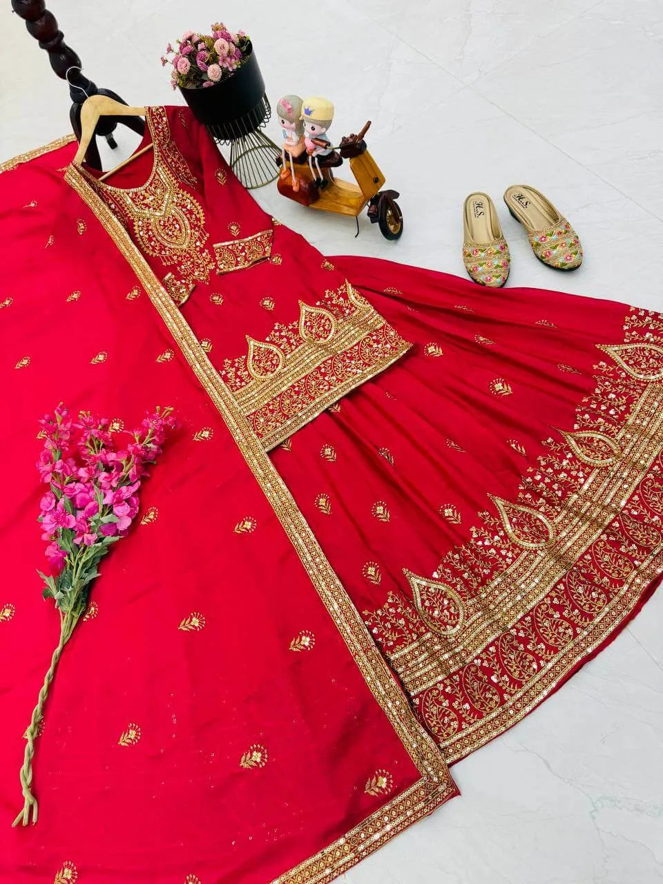 Designer Red Chinon Silk Lehenga Set with Heavy Embroidery & Sequins Work | Fully Stitched with Dupatta