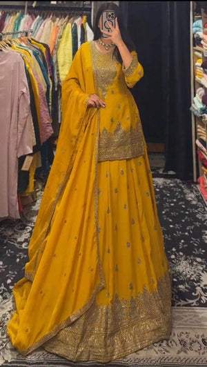 Designer Red Chinon Silk Lehenga Set with Heavy Embroidery & Sequins Work | Fully Stitched with Dupatta