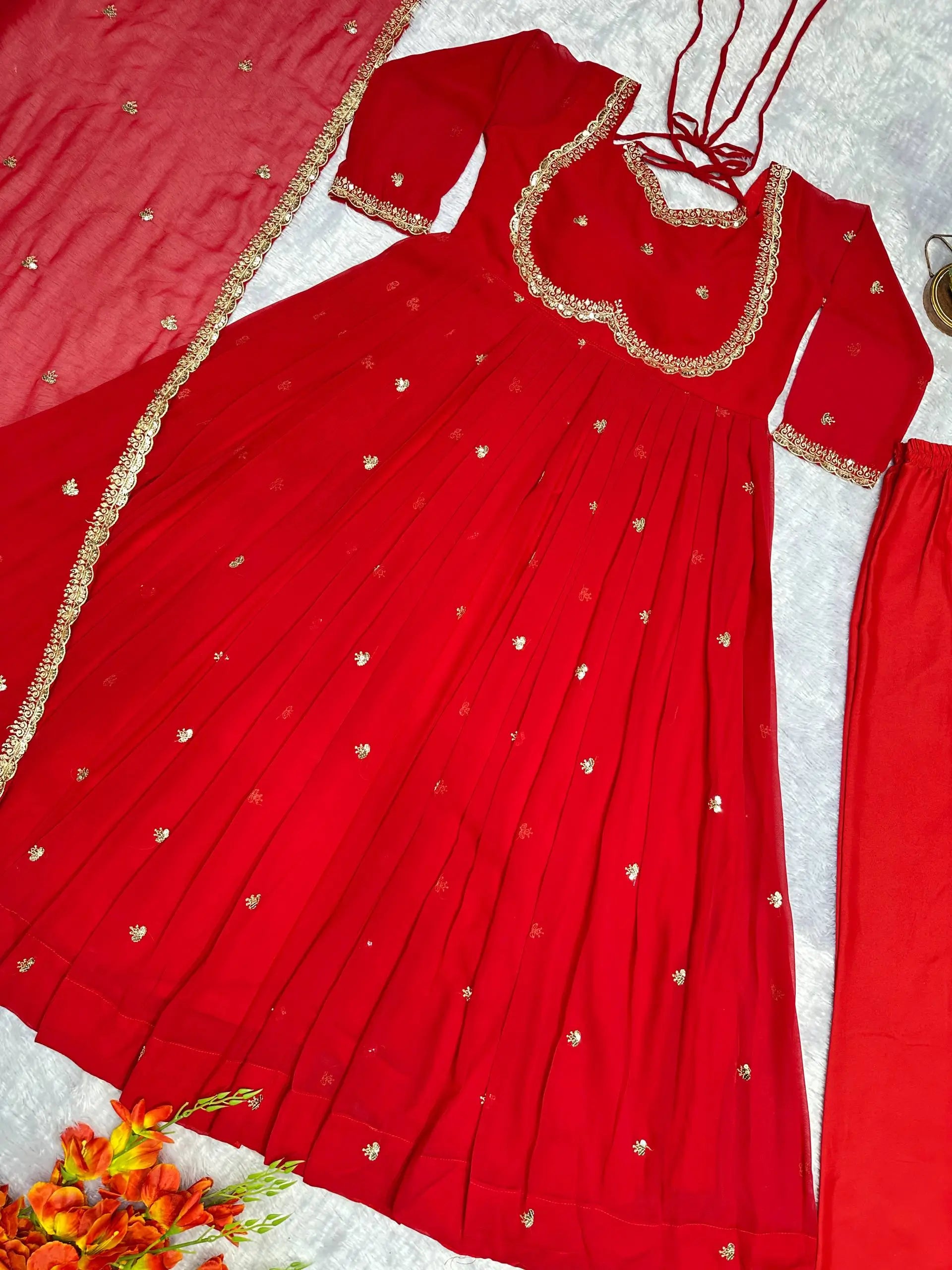 Designer Red Heavy Faux Georgette Gown Set with 5mm Sequence Embroidery & Dupatta