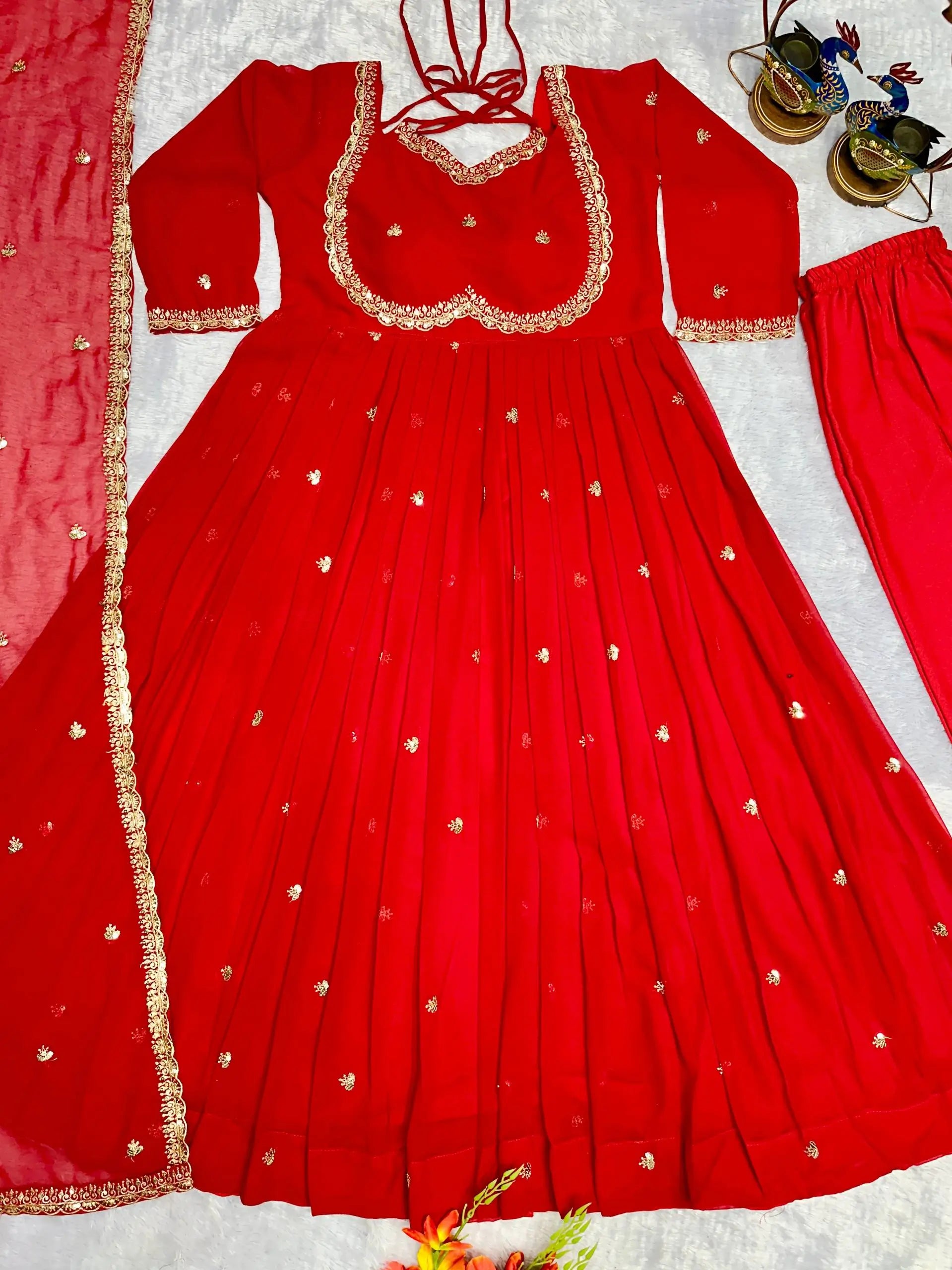 Designer Red Heavy Faux Georgette Gown Set with 5mm Sequence Embroidery & Dupatta