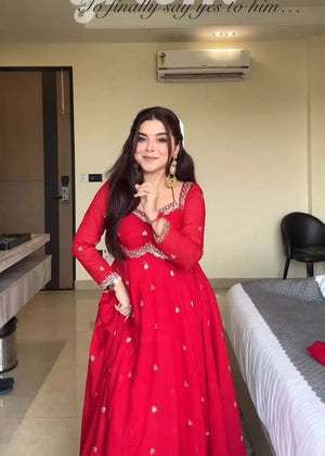 Designer Red Heavy Faux Georgette Gown Set with 5mm Sequence Embroidery & Dupatta