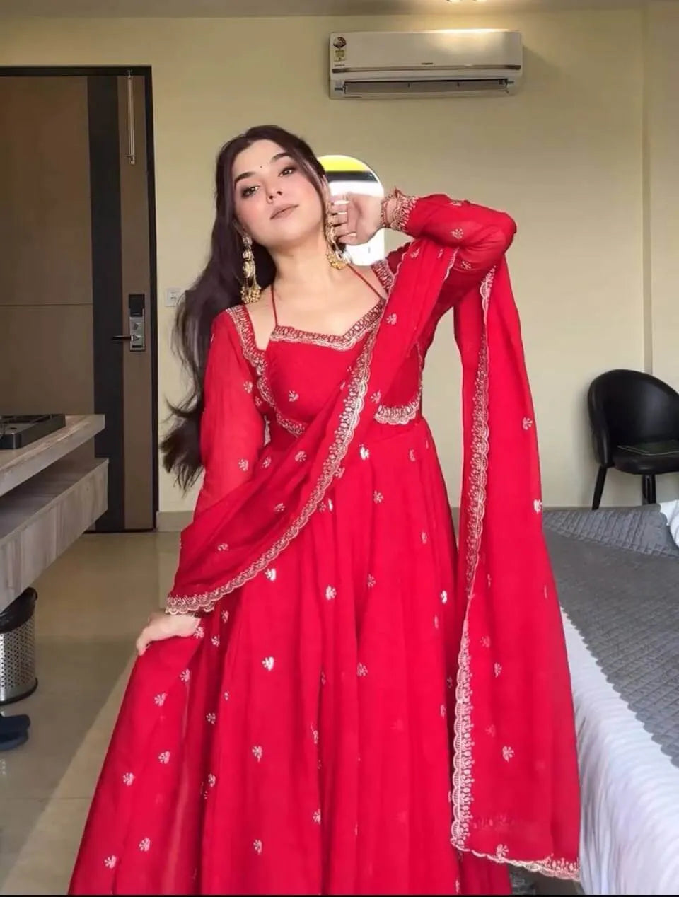 Designer Red Heavy Faux Georgette Gown Set with 5mm Sequence Embroidery & Dupatta