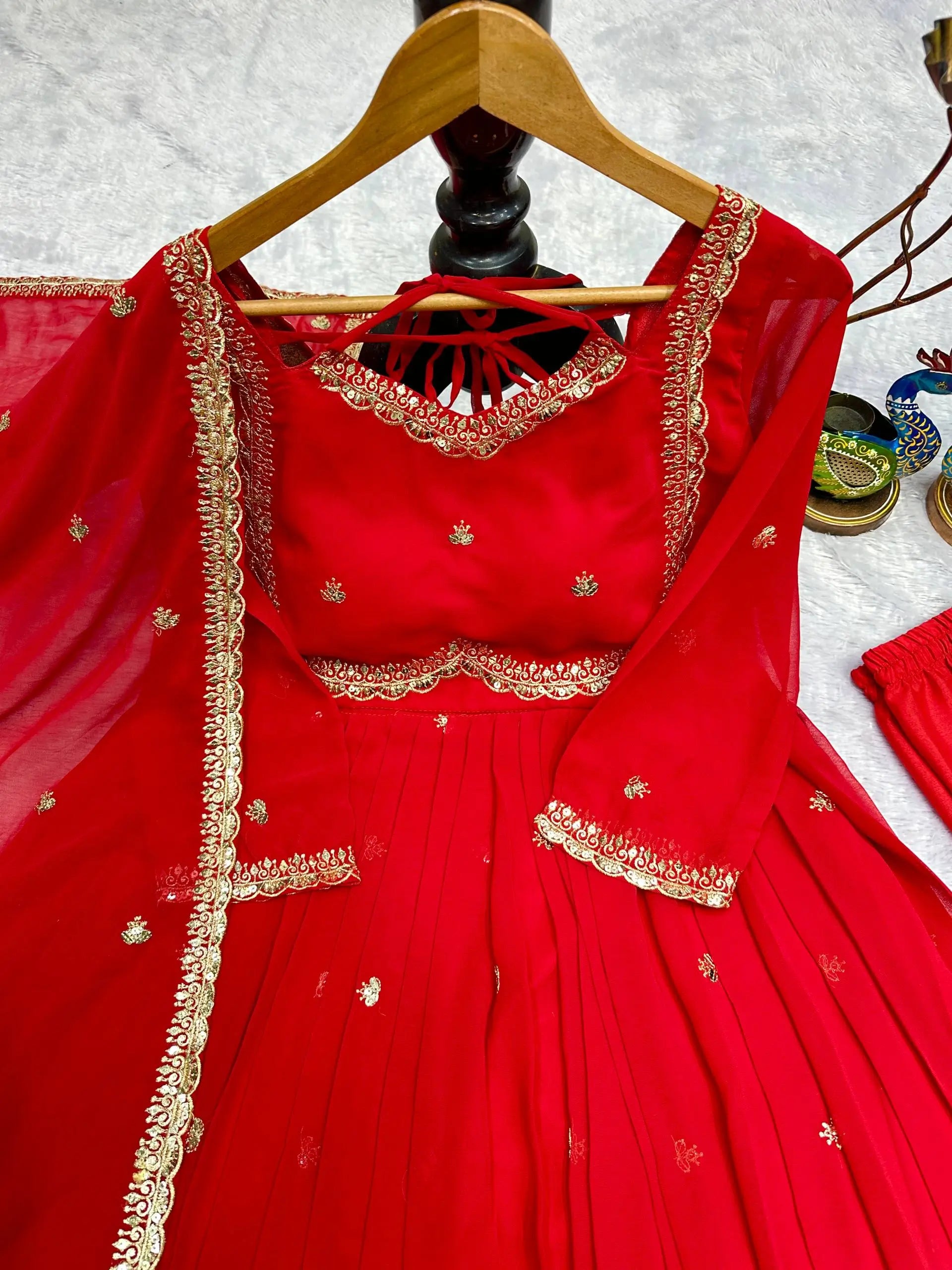 Designer Red Heavy Faux Georgette Gown Set with 5mm Sequence Embroidery & Dupatta