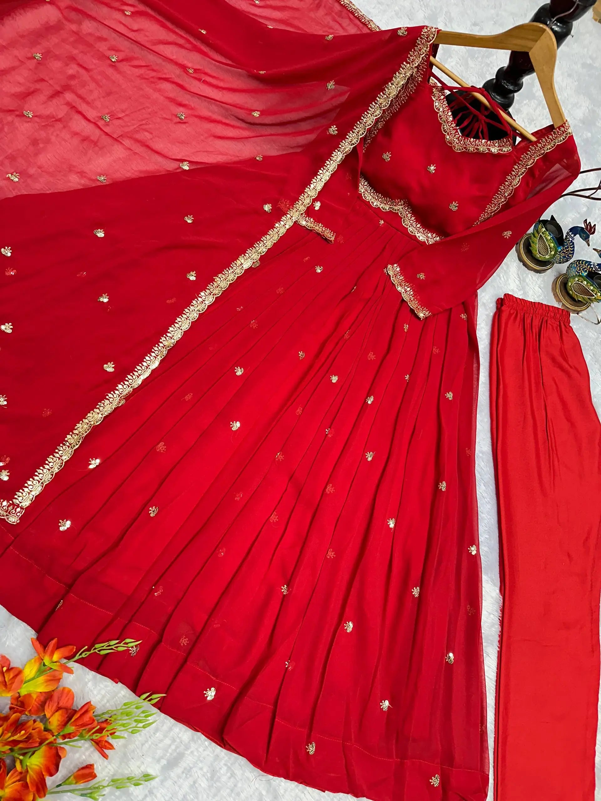 Designer Red Heavy Faux Georgette Gown Set with 5mm Sequence Embroidery & Dupatta