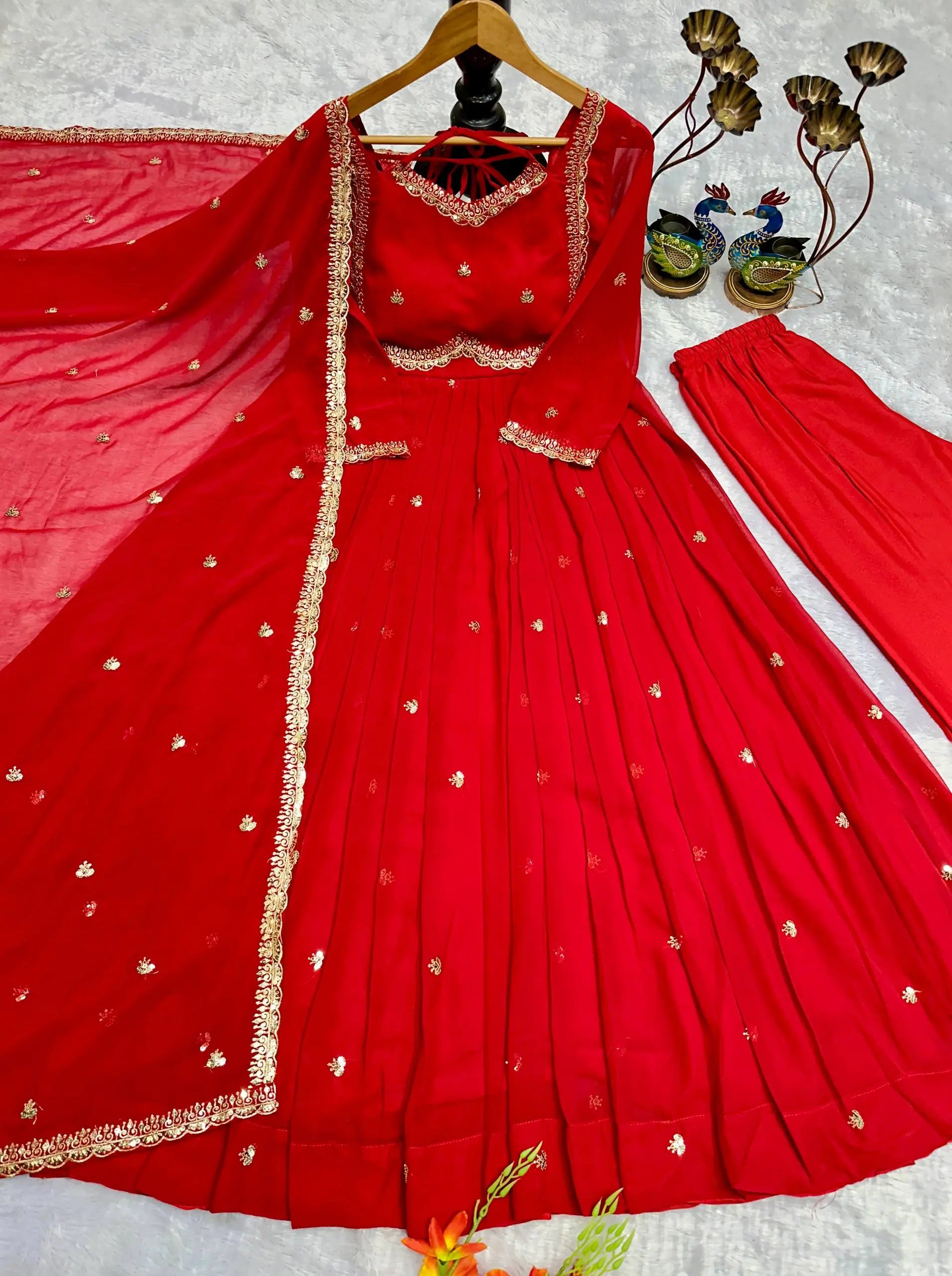 Designer Red Heavy Faux Georgette Gown Set with 5mm Sequence Embroidery & Dupatta