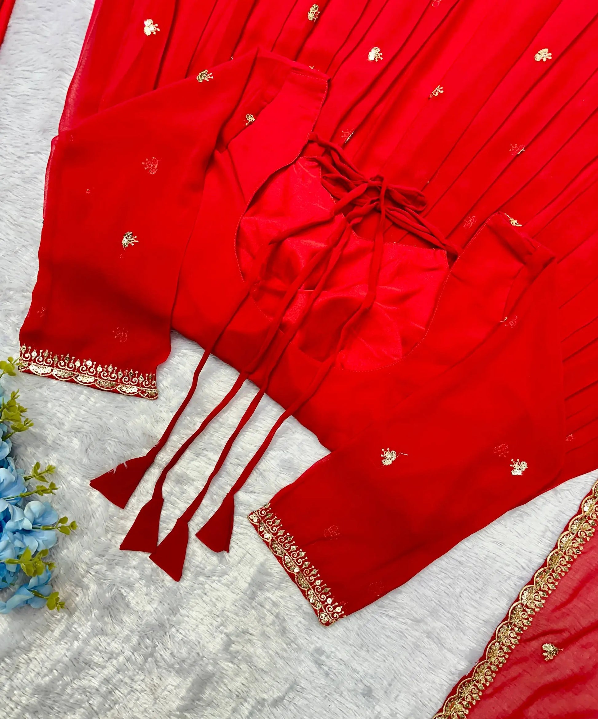Designer Red Heavy Faux Georgette Gown Set with 5mm Sequence Embroidery & Dupatta