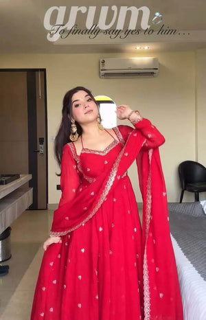 Designer Red Heavy Faux Georgette Gown Set with 5mm Sequence Embroidery & Dupatta