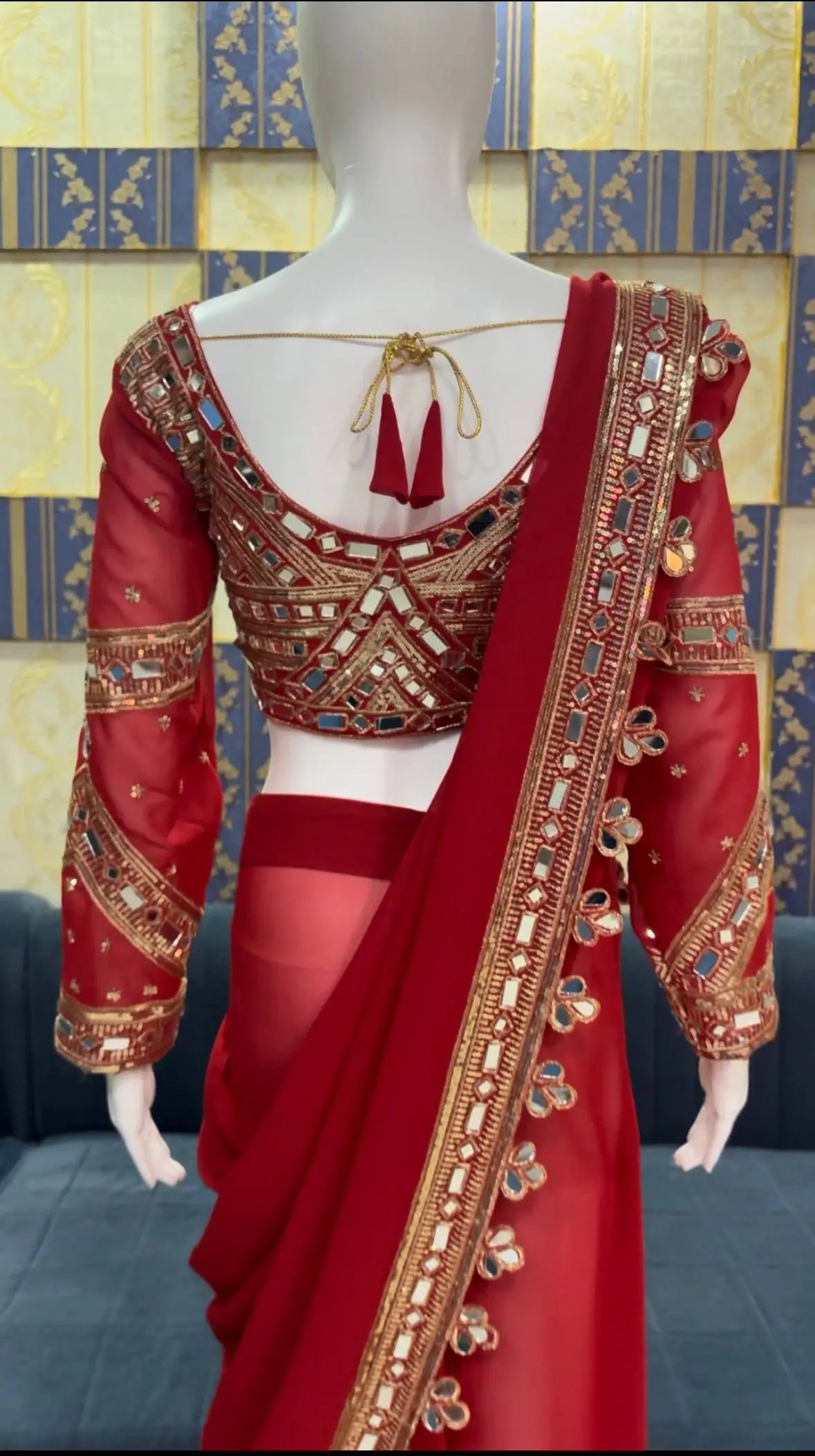 Designer Red Ready-to-Wear Mirror Work Saree with Unstitched Blouse