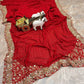 Designer Red Ready-to-Wear Mirror Work Saree with Unstitched Blouse