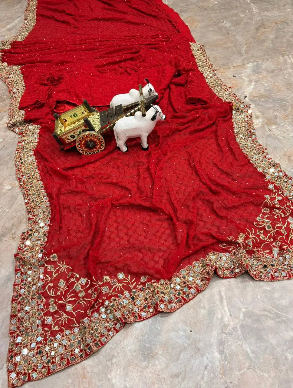 Designer Red Ready-to-Wear Mirror Work Saree with Unstitched Blouse