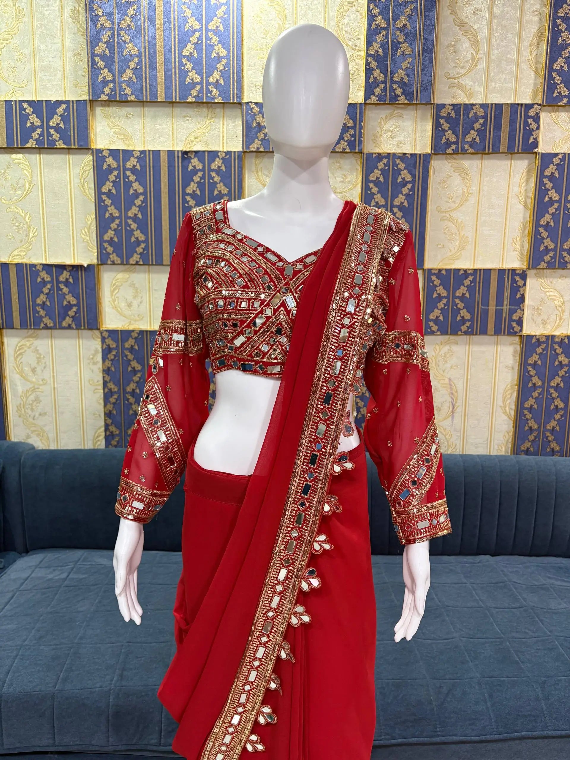Designer Red Ready-to-Wear Mirror Work Saree with Unstitched Blouse