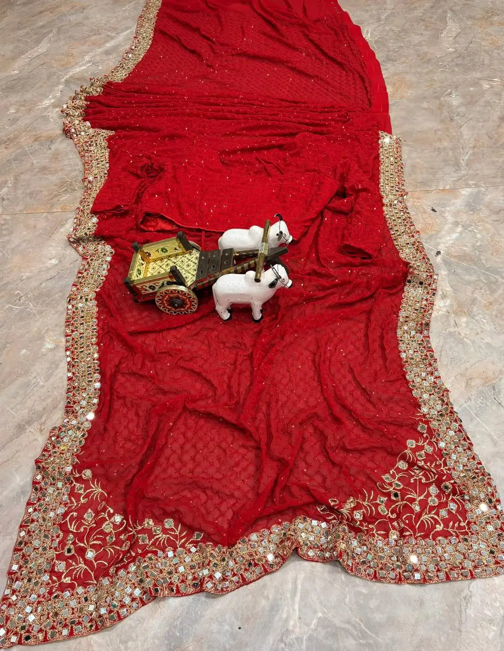 Designer Red Ready-to-Wear Mirror Work Saree with Unstitched Blouse
