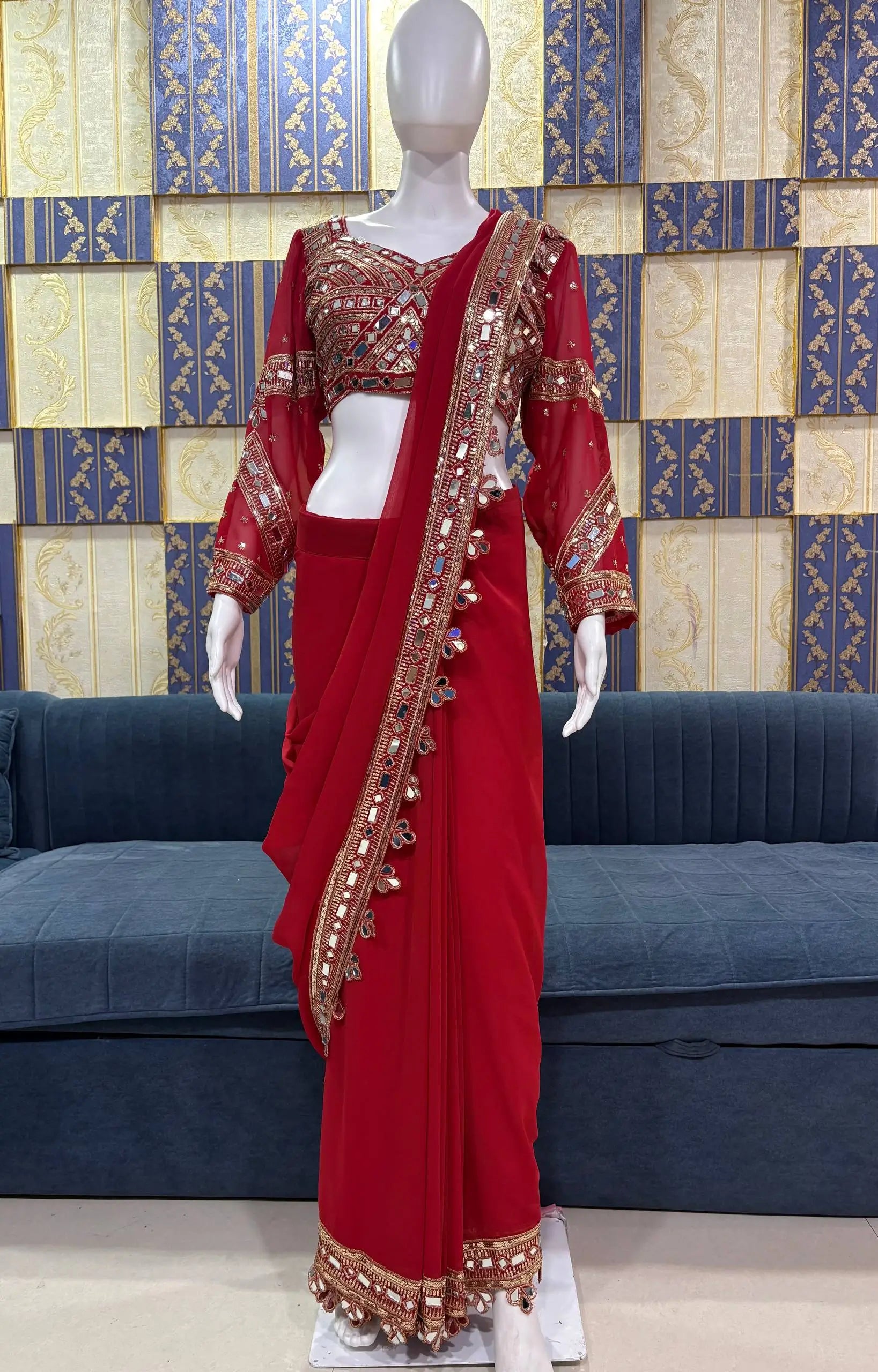 Designer Red Ready-to-Wear Mirror Work Saree with Unstitched Blouse