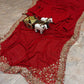Designer Red Ready-to-Wear Mirror Work Saree with Unstitched Blouse