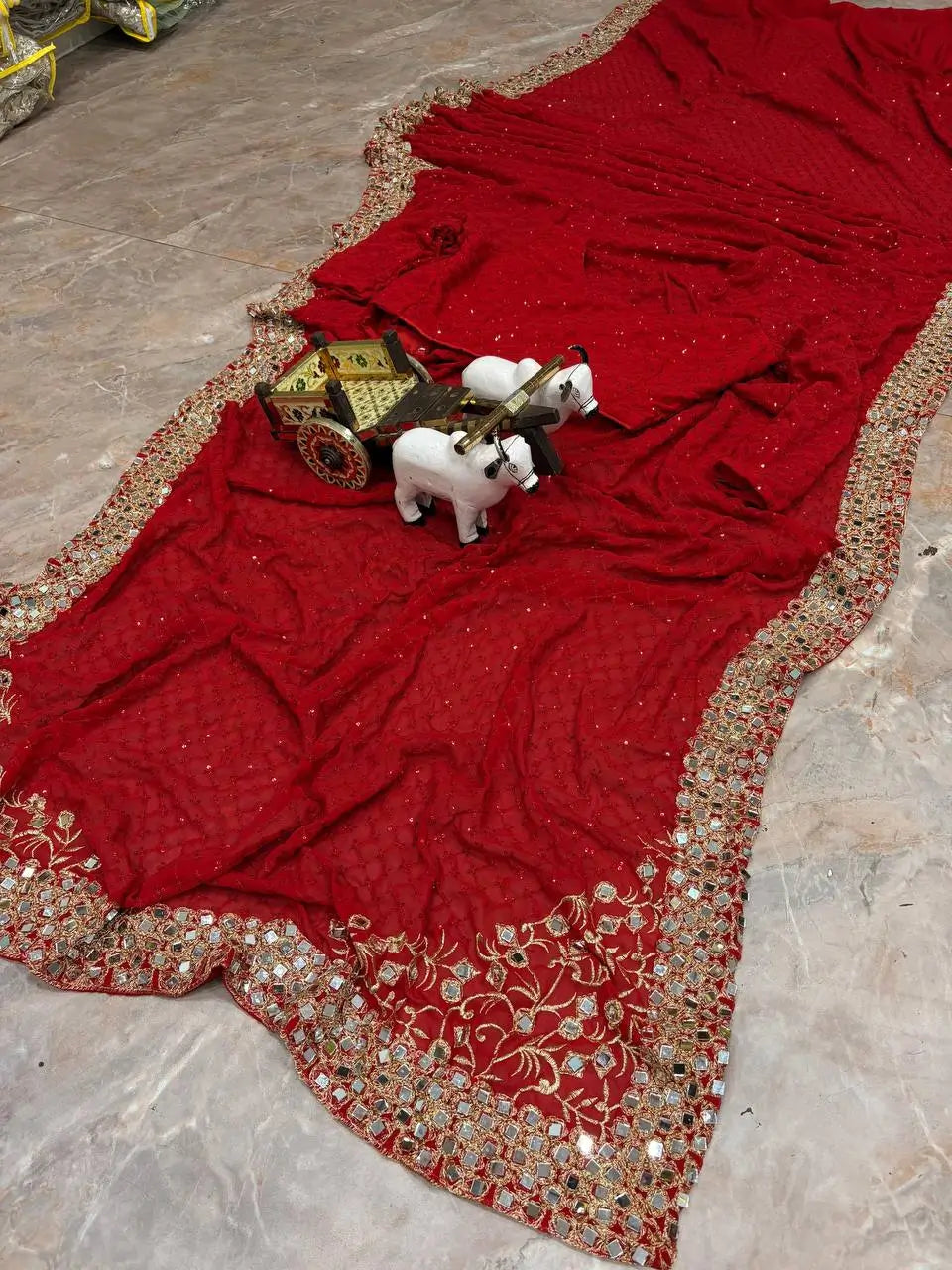 Designer Red Ready-to-Wear Mirror Work Saree with Unstitched Blouse