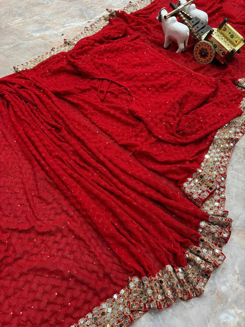 Designer Red Ready-to-Wear Mirror Work Saree with Unstitched Blouse