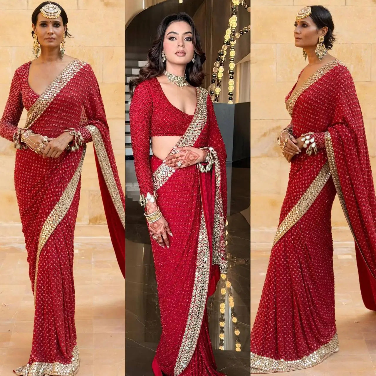 Designer Red Ready-to-Wear Mirror Work Saree with Unstitched Blouse