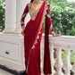 Designer Red Ready-to-Wear Mirror Work Saree with Unstitched Blouse