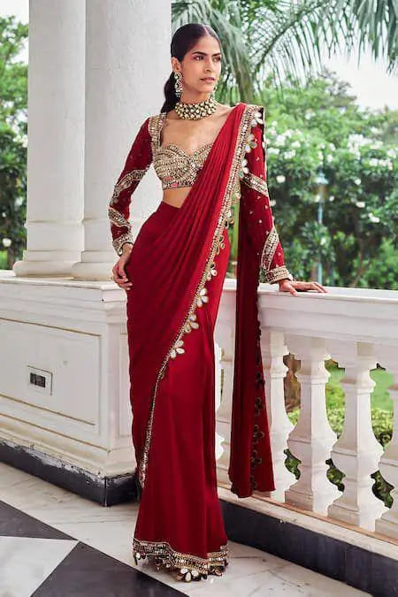 Designer Red Ready-to-Wear Mirror Work Saree with Unstitched Blouse