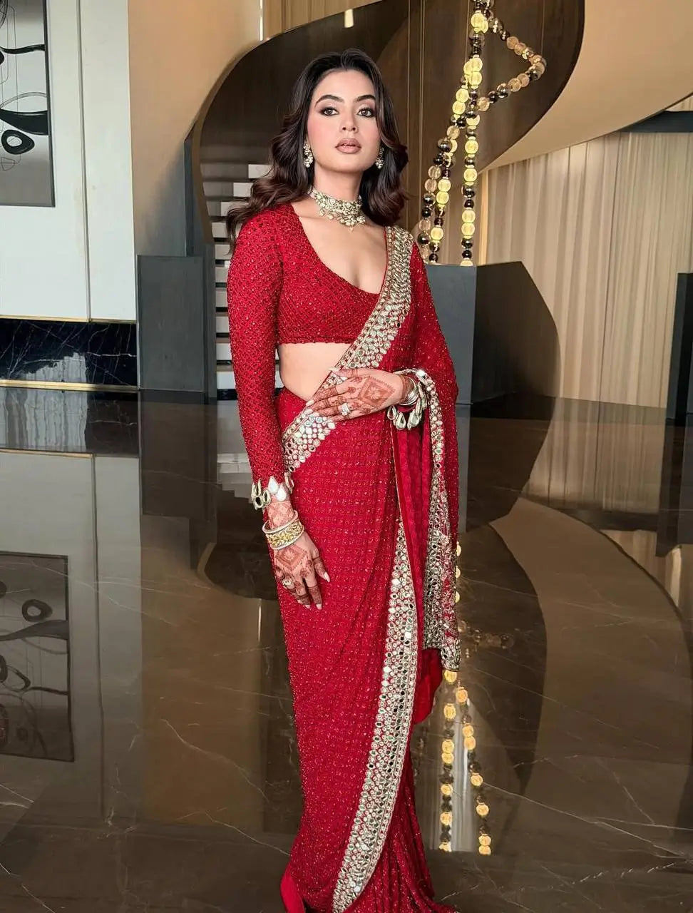 Designer Red Ready-to-Wear Mirror Work Saree with Unstitched Blouse