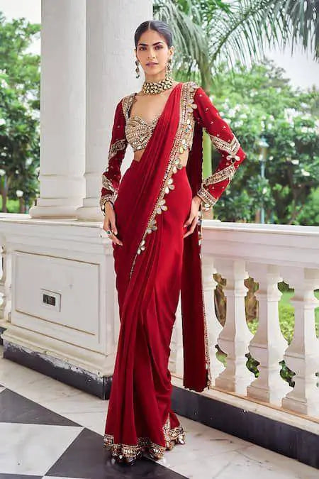 Designer Red Ready-to-Wear Mirror Work Saree with Unstitched Blouse