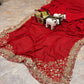 Designer Red Ready-to-Wear Mirror Work Saree with Unstitched Blouse