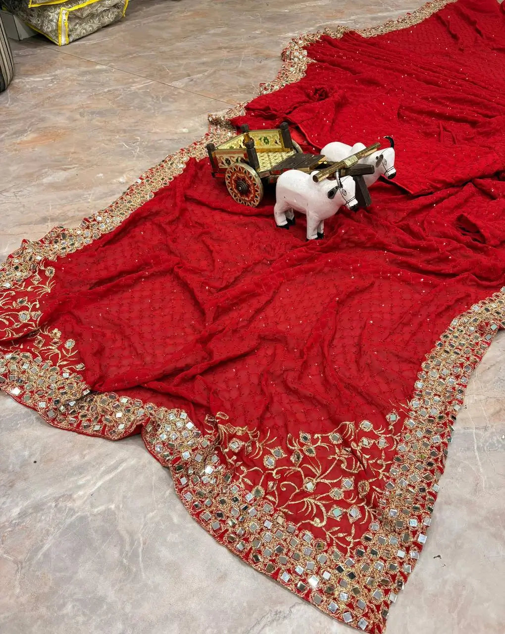 Designer Red Ready-to-Wear Mirror Work Saree with Unstitched Blouse