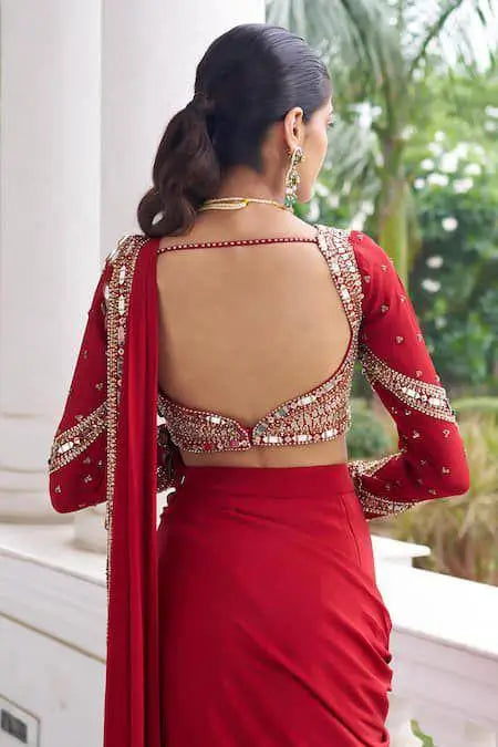 Designer Red Ready-to-Wear Mirror Work Saree with Unstitched Blouse