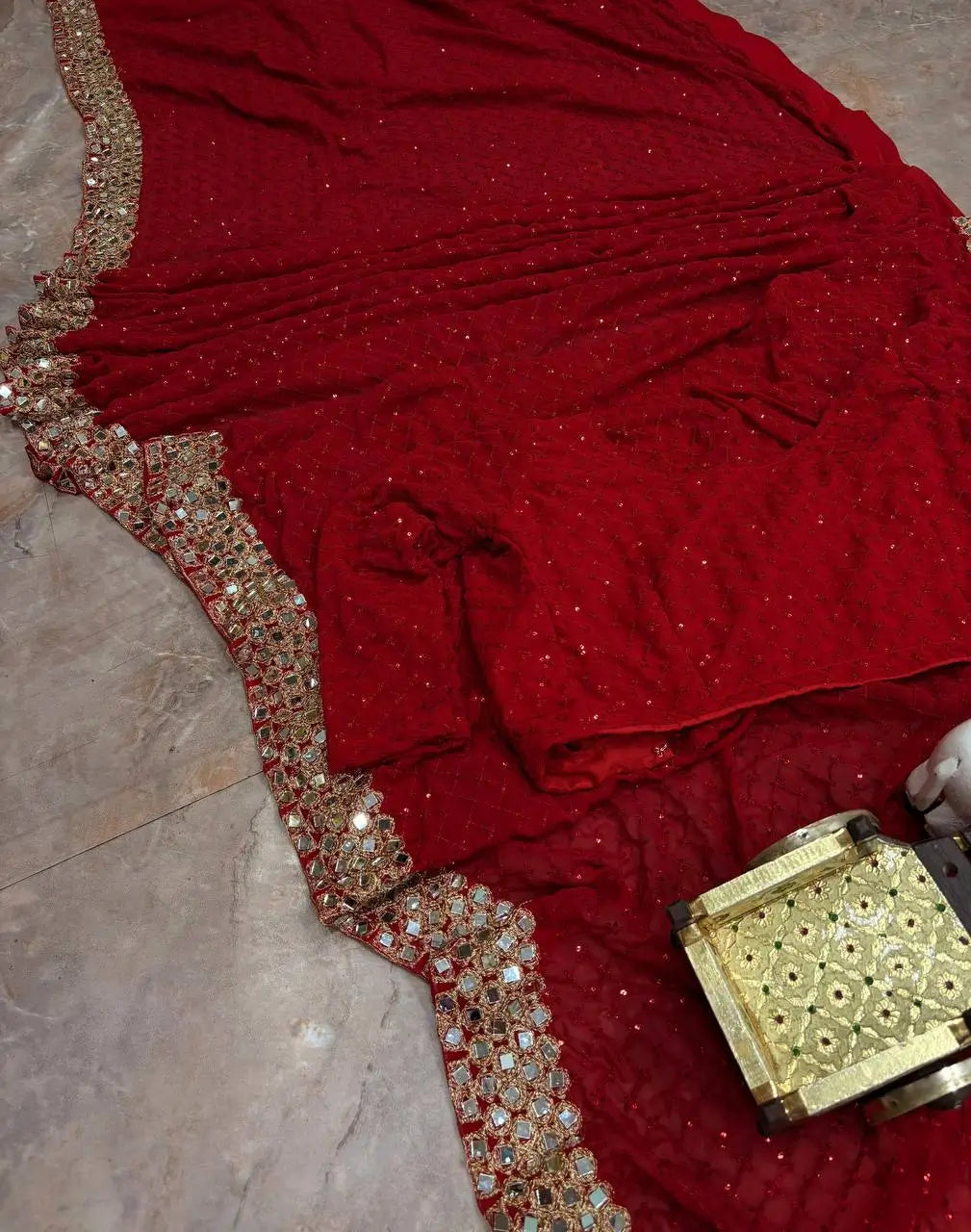 Designer Red Ready-to-Wear Mirror Work Saree with Unstitched Blouse