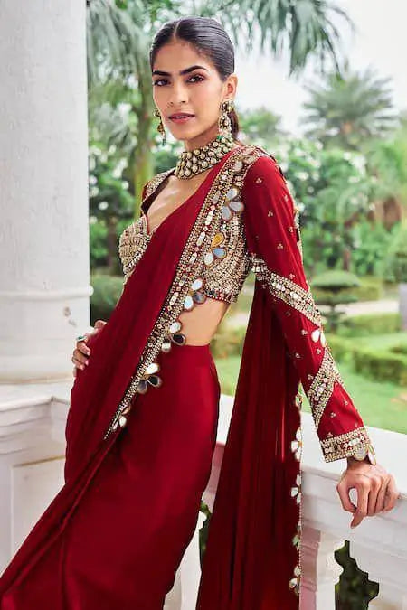 Designer Red Ready-to-Wear Mirror Work Saree with Unstitched Blouse
