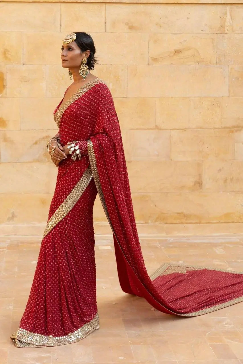 Designer Red Ready-to-Wear Mirror Work Saree with Unstitched Blouse