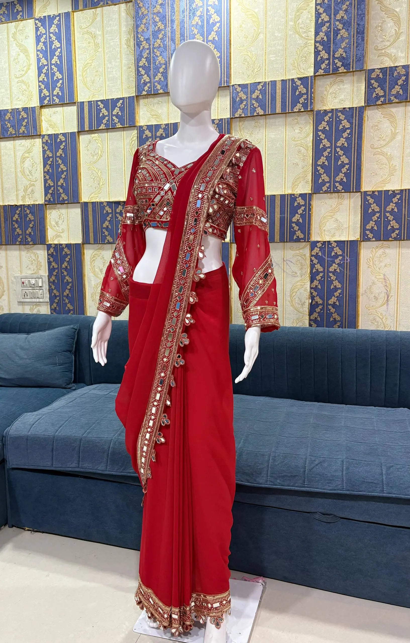 Designer Red Ready-to-Wear Mirror Work Saree with Unstitched Blouse
