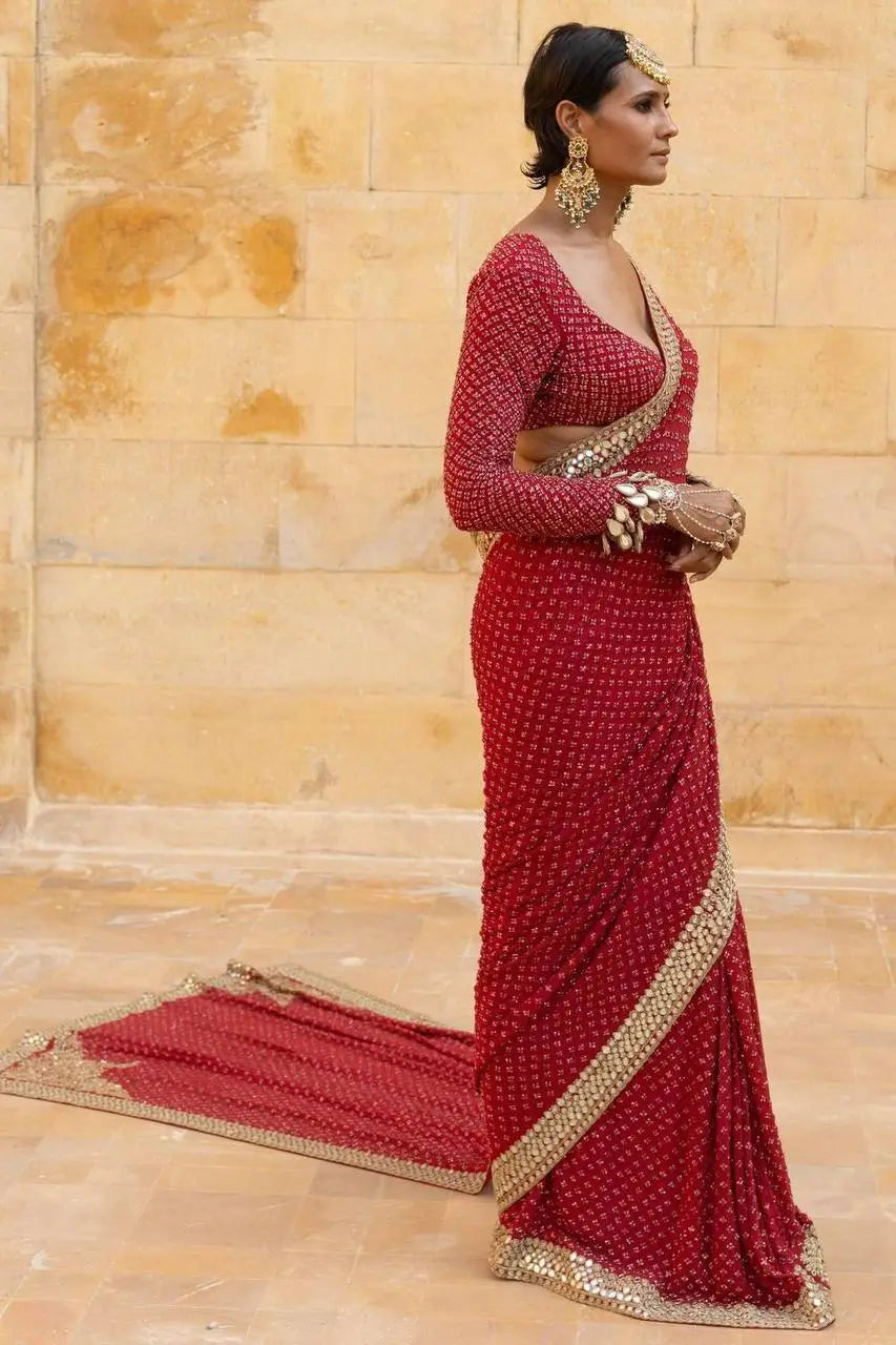 Designer Red Ready-to-Wear Mirror Work Saree with Unstitched Blouse