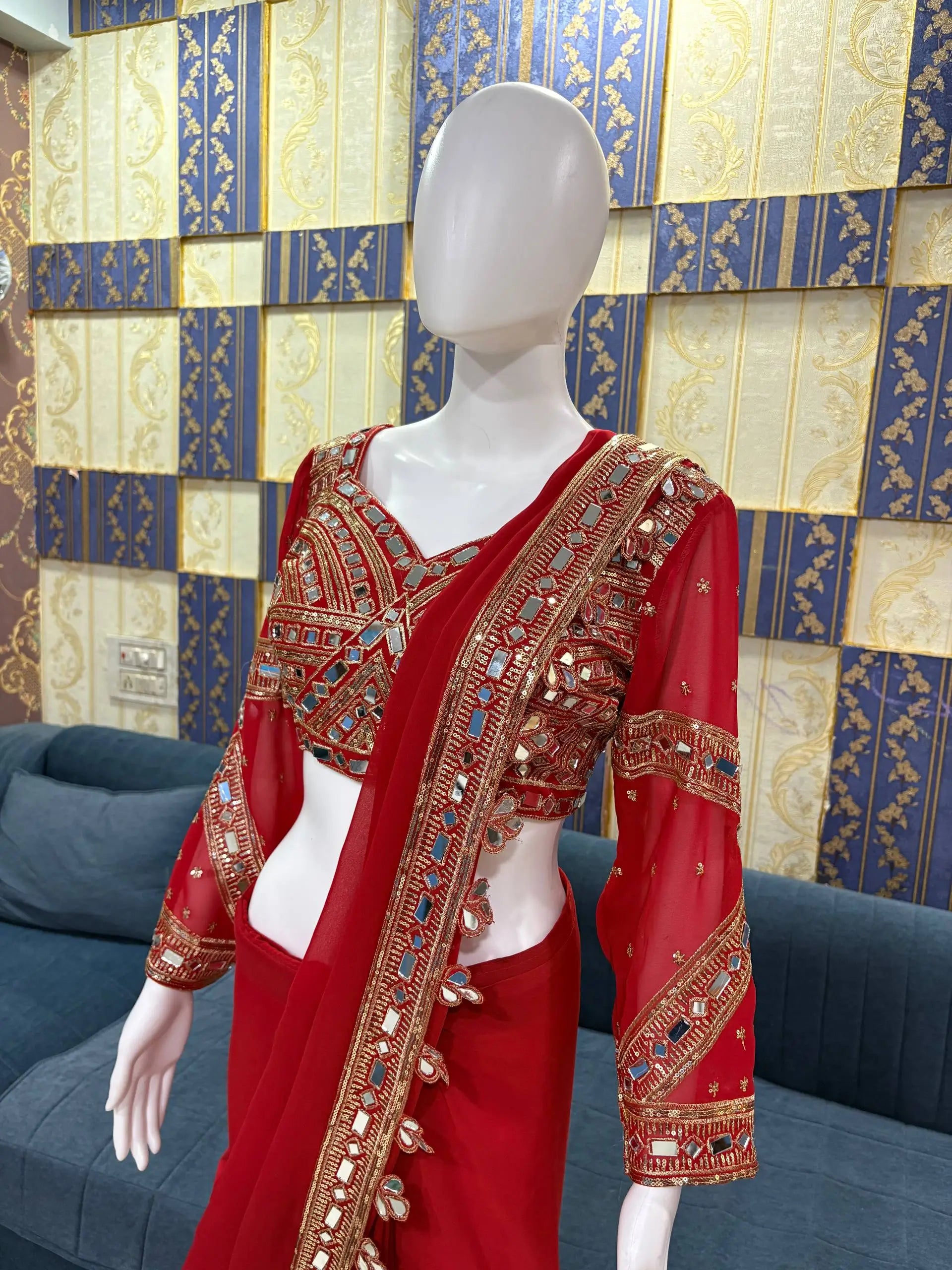 Designer Red Ready-to-Wear Mirror Work Saree with Unstitched Blouse