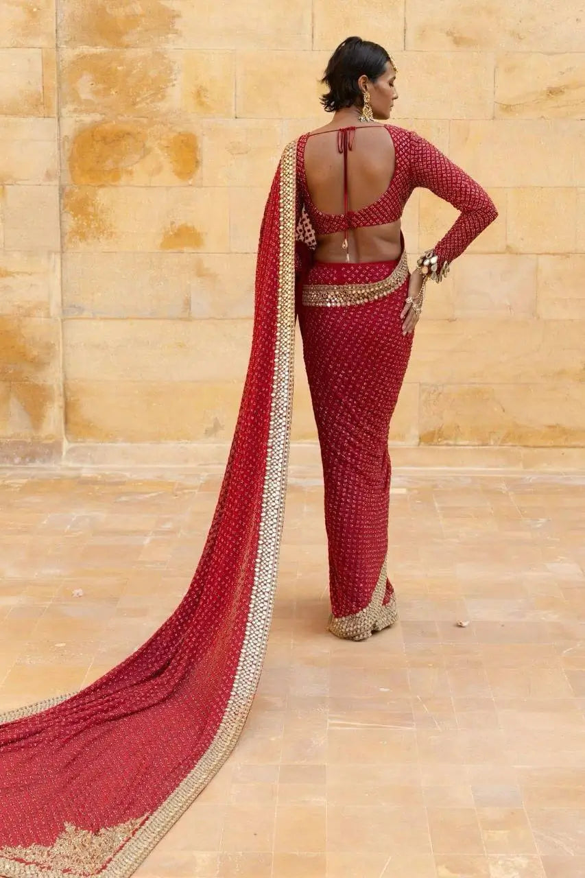 Designer Red Ready-to-Wear Mirror Work Saree with Unstitched Blouse