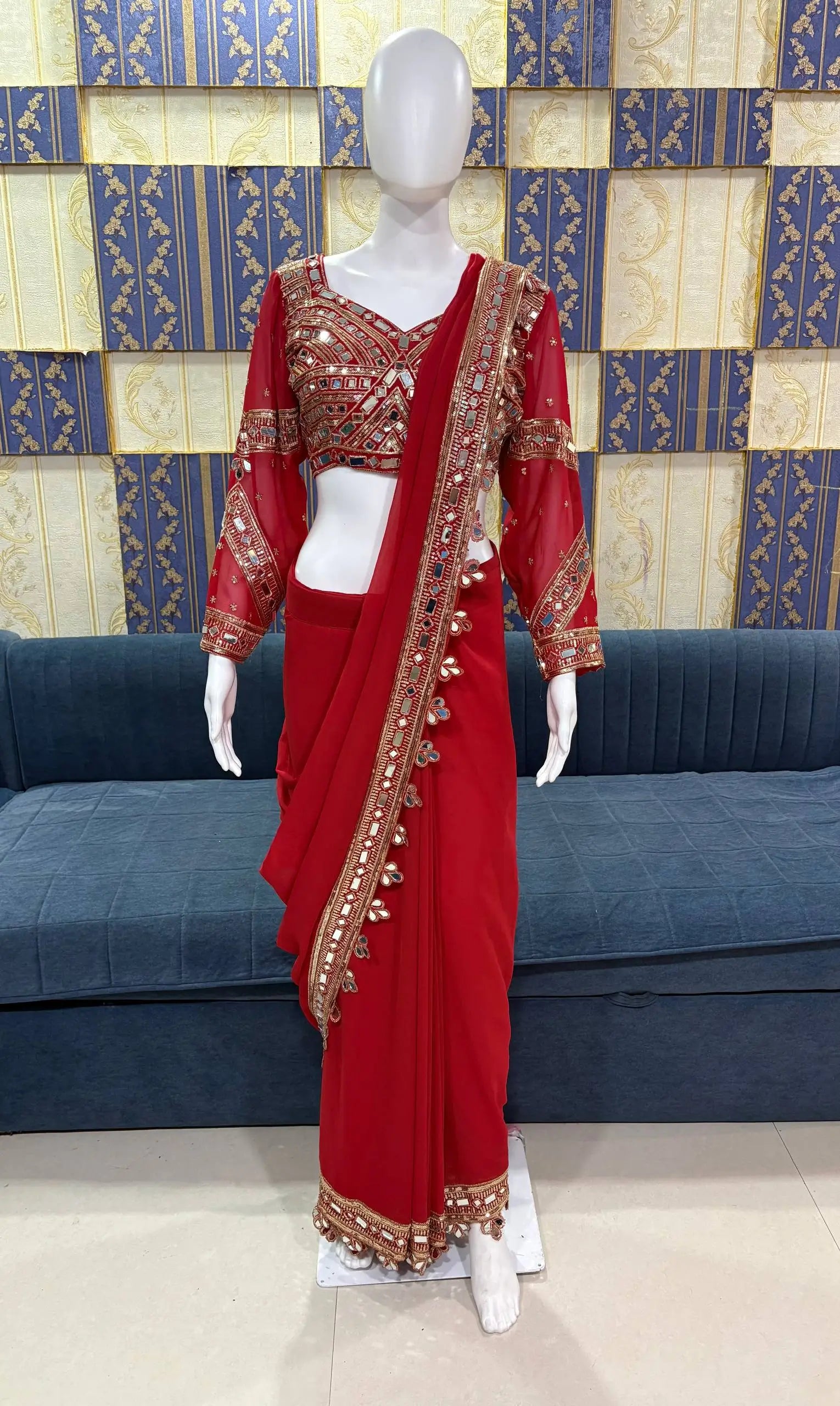 Designer Red Ready-to-Wear Mirror Work Saree with Unstitched Blouse