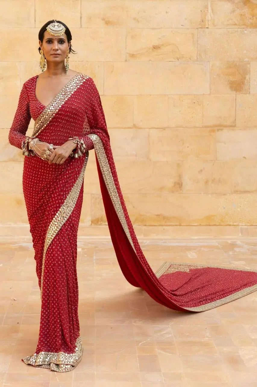 Designer Red Ready-to-Wear Mirror Work Saree with Unstitched Blouse