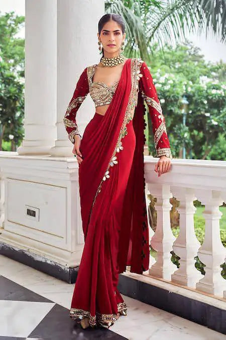 Designer Red Ready-to-Wear Mirror Work Saree with Unstitched Blouse