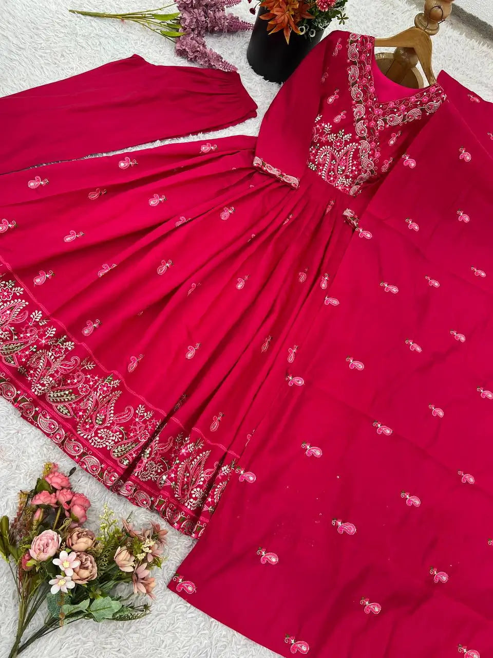 Designer Roman Silk Embroidered Gown Set with Dupatta – Ready to Wear