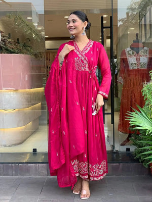 Designer Roman Silk Embroidered Gown Set with Dupatta – Ready to Wear