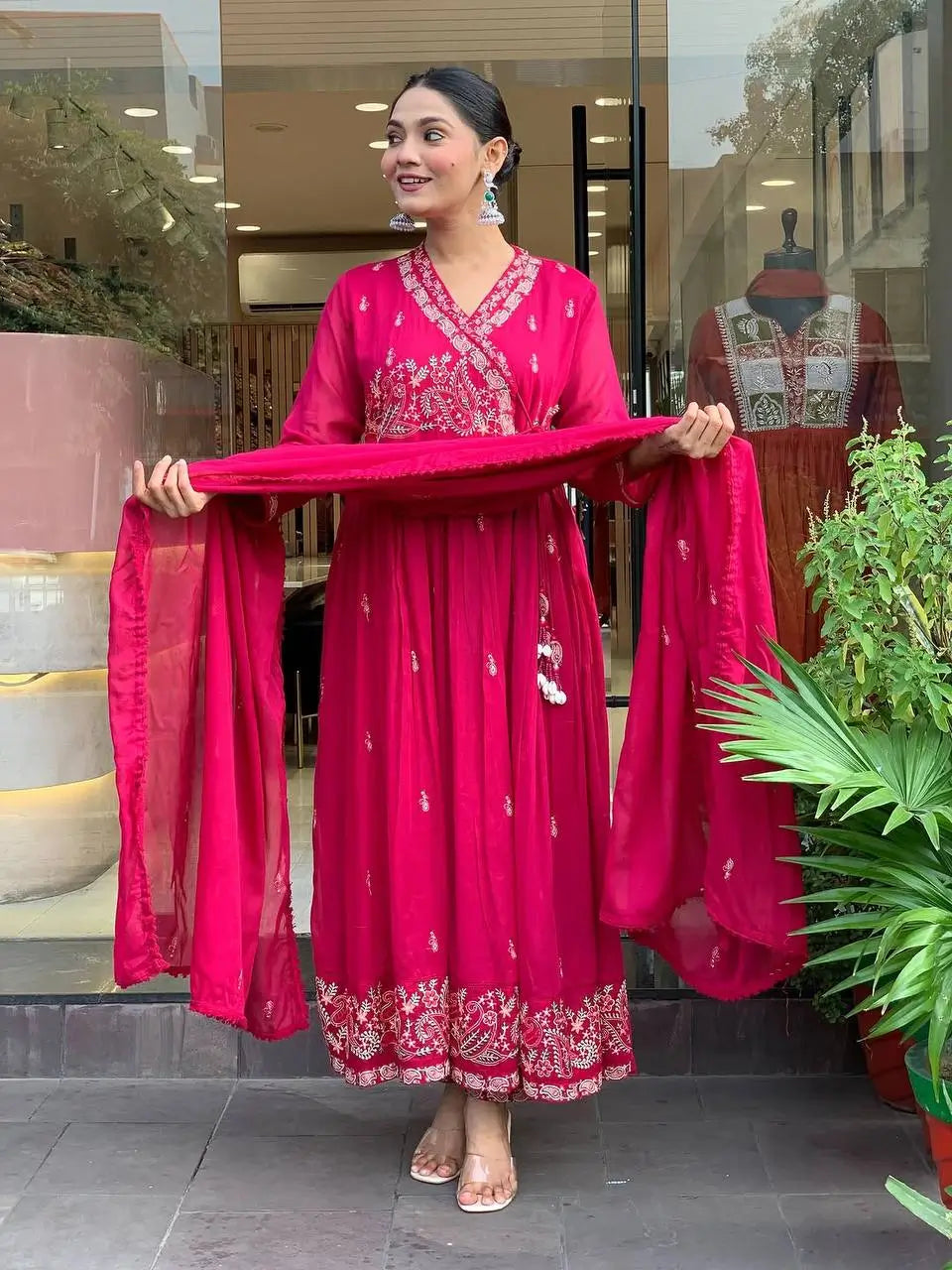 Designer Roman Silk Embroidered Gown Set with Dupatta – Ready to Wear