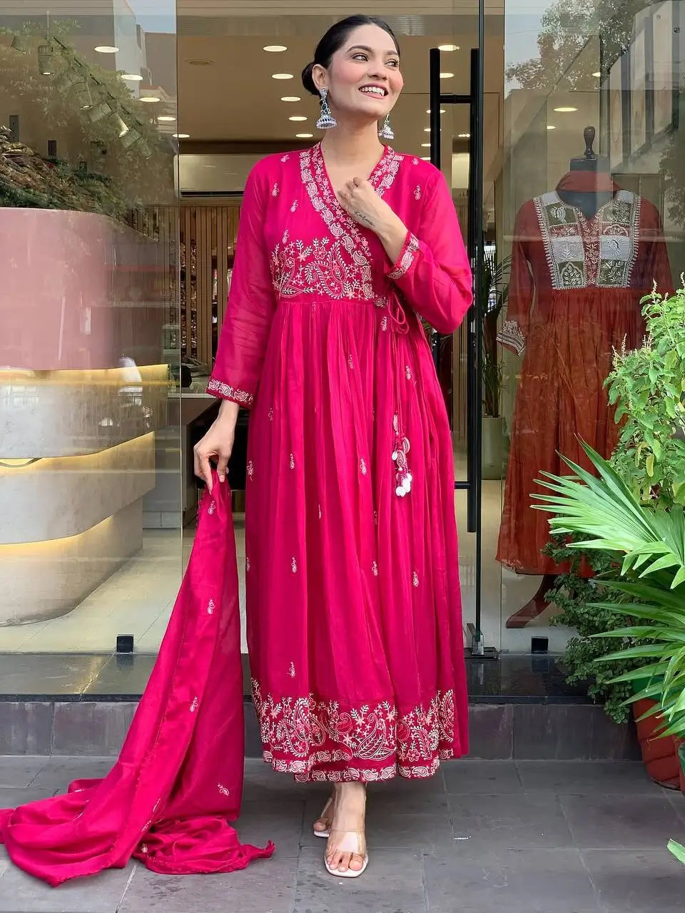 Designer Roman Silk Embroidered Gown Set with Dupatta – Ready to Wear