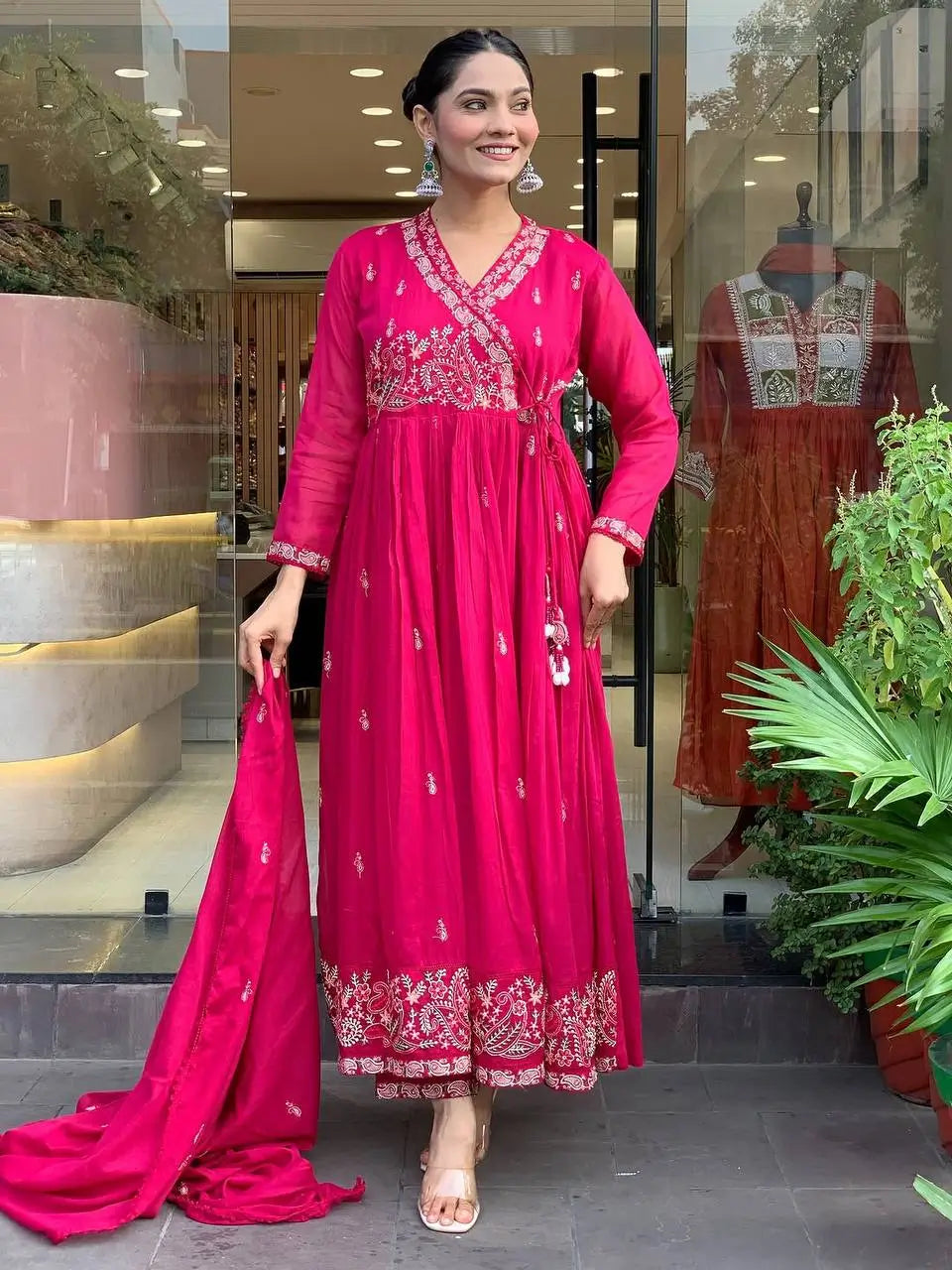 Designer Roman Silk Embroidered Gown Set with Dupatta – Ready to Wear