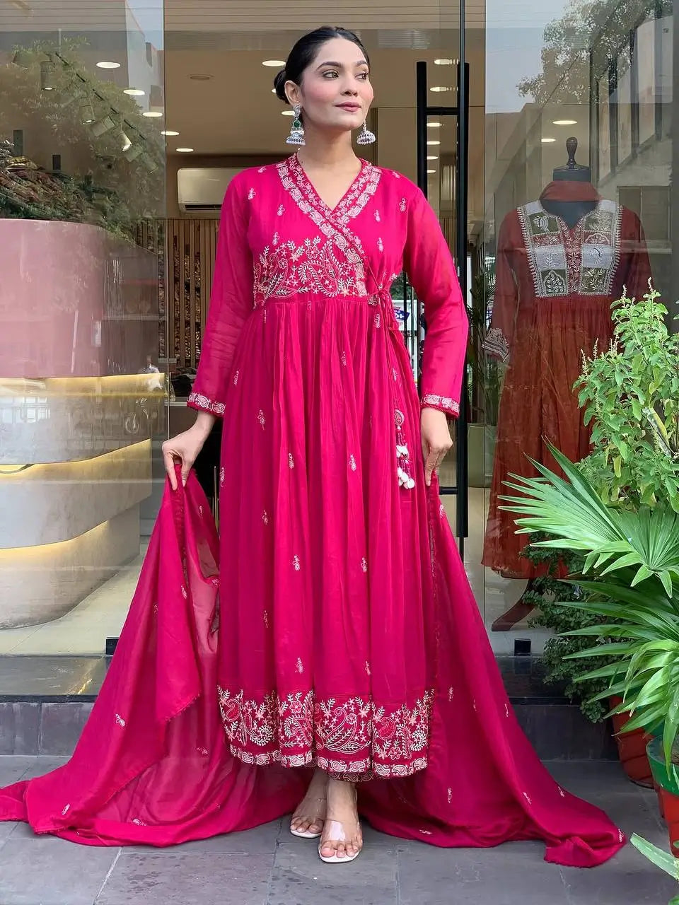 Designer Roman Silk Embroidered Gown Set with Dupatta – Ready to Wear