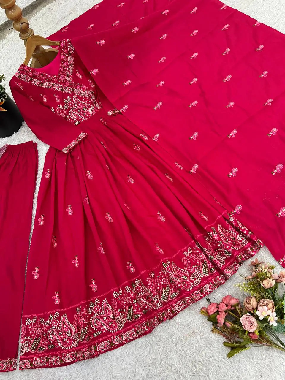 Designer Roman Silk Embroidered Gown Set with Dupatta – Ready to Wear